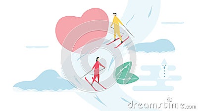 Romantic adults couple play ski. Character design of people. Vector illustration in flat style Vector Illustration