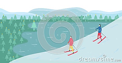 Romantic adults couple play ski. Character design of people in winter season. Vector illustration in flat style Vector Illustration