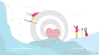 Romantic adults couple play ski. Character design of people in winter season. Vector illustration in flat style Vector Illustration