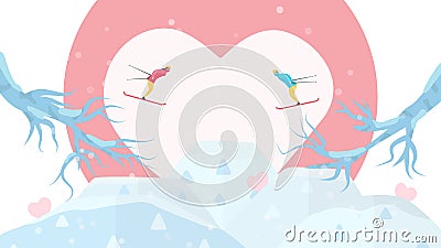 Romantic adults couple play ski. Character design of people in winter season. Vector illustration in flat style Vector Illustration