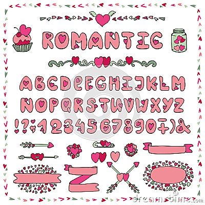 Romantic Alphabet.Heart Font,ABC Letters,decor Vector Illustration