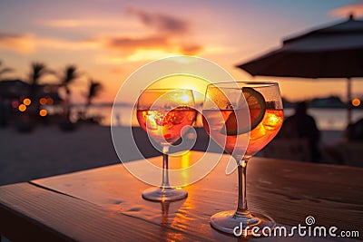 Romantic ambiance two cocktails, beach party blur, colorful sunset sky Stock Photo