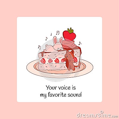 Romantic animals poster. Cartoon Valentine greeting card. Funny cat and rabbit. Kitten eating festive cake with cream Stock Photo