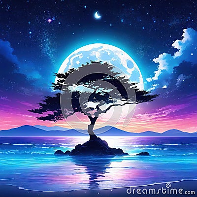 Romantic Anime Beach Night Sky with Starry Moon Cartoon Illustration