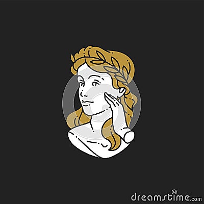 Romantic antique female goddess bust blonde hair olive wreath touching face applying cream icon Vector Illustration