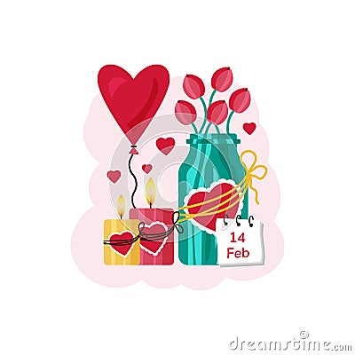 Romantic ard for Valentine`s Day. Tulips in a can, candles with hearts and a heart-shaped balloon. Vector illustration Vector Illustration