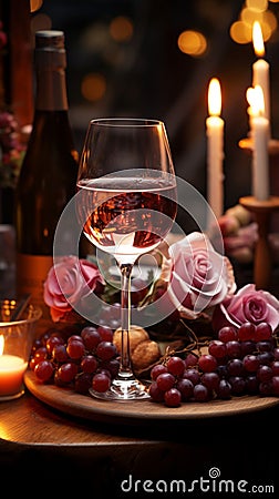 Romantic atmosphere Red wine burning candles roses Stock Photo