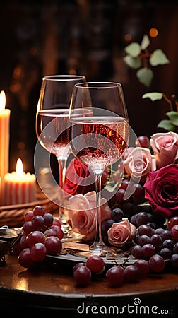 Romantic atmosphere Red wine burning candles roses Stock Photo
