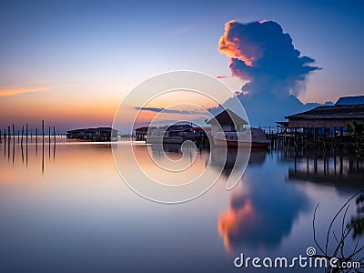 Romantic atmosphere after sunset Lakeside,Thailand Editorial Stock Photo