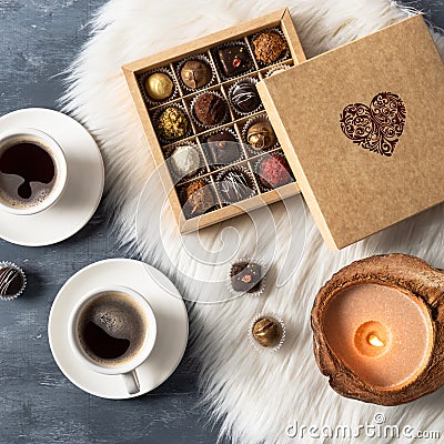 Romantic atmosphere two cups of coffee, chocolate candies and candles. Happy Valentines Day. Top view Stock Photo