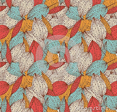 Romantic autumn floral seamless pattern. Beautiful endless linear background with leaves. Vintage leaves texture. Vector Illustration