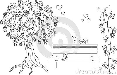 Romantic background with blooming tree, loving birds, bench, black and white hand drawn anti stress coloring book Vector Illustration