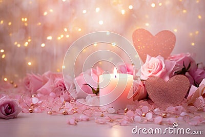 Romantic background with pink roses, hearts and burning candle, Valentine's day backdrop, horizontal luxury glamour card Stock Photo