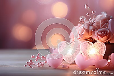 Romantic background in pink tones with glowing hearts and roses bouquet, Valentine's day backdrop, horizontal luxury glamour Stock Photo