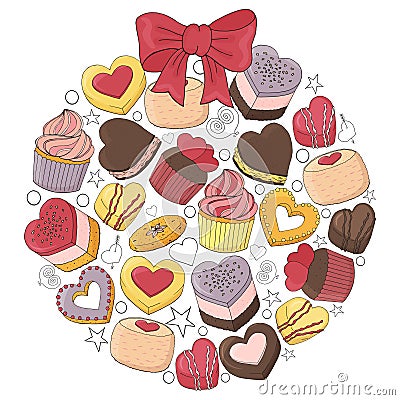 Romantic ball is made of different desserts, Vector Illustration