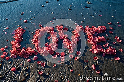 romantic beach of love rose petals on the wide coastline pragma Stock Photo