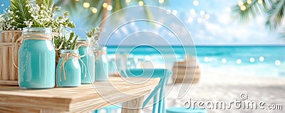 Romantic Beach Wedding Setup with Turquoise Water and Elegant Details, Perfect for a Dreamy Ceremony Stock Photo