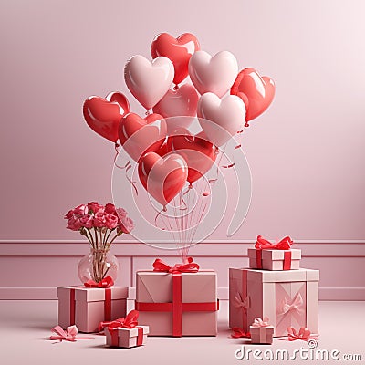 Romantic Bliss: Red and Pink Heart-Shaped Balloons in Pink Studio with Gift Boxes Stock Photo