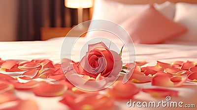 Romantic Bliss: Rose Petals on Hotel Bed for an Intimate Evening. created with Generative AI Stock Photo