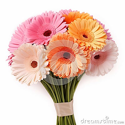 Romantic Bouquet Of Pink And Orange Gerbera Daisies On White Background Stock Photo