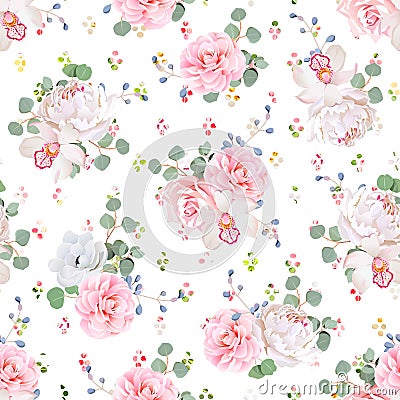 Romantic bouquets of rose, peony, camellia, orchid, anemone, camellia, blue berries and eucaliptis leaves. Vector Illustration