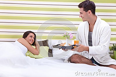 Romantic breakfast in bed Stock Photo