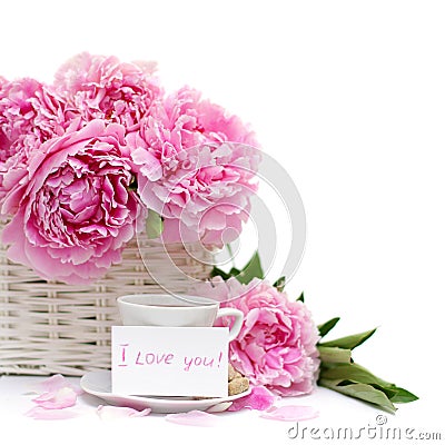 Romantic breakfast, flower and a blank poster card Stock Photo