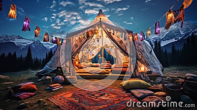 romantic camping tent at night, beautifully decorated in a boho fashion at mountains Stock Photo