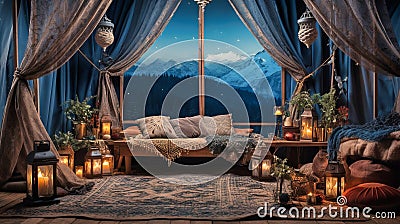 romantic camping tent at night, beautifully decorated in a boho fashion at mountains Stock Photo