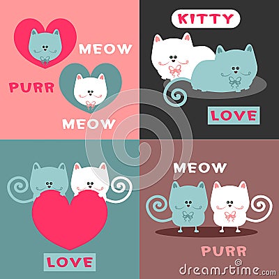 Romantic card design set with pretty cats Vector Illustration