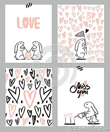 Romantic cards set. Four Valentine`s day cards with cute Rabbit and hearts. Vector Illustration. Vector Illustration