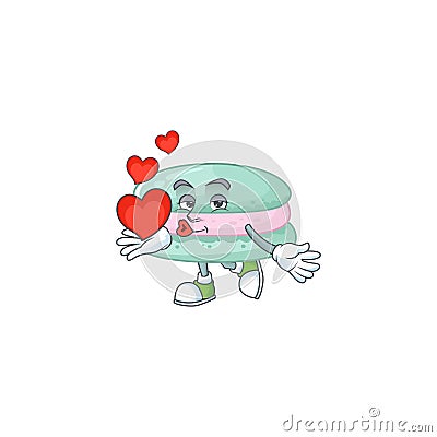 A romantic cartoon character of vanilla blue macarons with a heart Vector Illustration