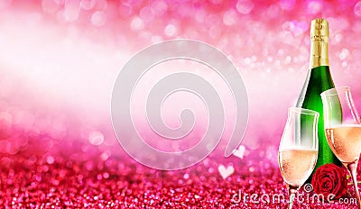 Romantic champagne glass and bottle background Stock Photo