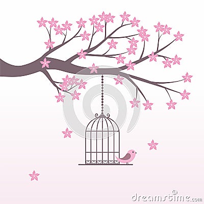 Romantic cherry blossom with bird cage vector isolated on white Vector Illustration