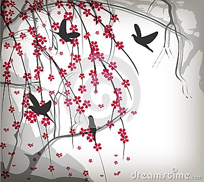 Romantic cherry tree with birds Vector Illustration