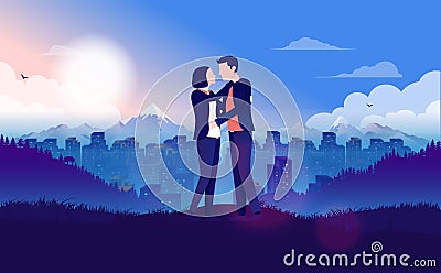 Romantic cityscape - Couple shows romance on hilltop with view to city Vector Illustration