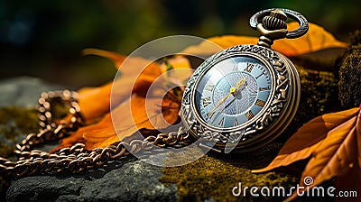 Romantic Clockpunk Pocket Watch On Fallen Leaves Stock Photo