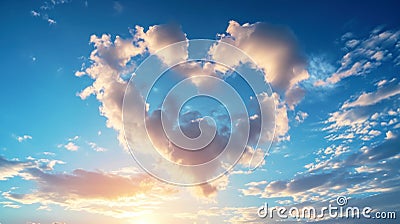 Romantic cloudy sky at the sunset with heart shaped clouds. Love concept. Generative AI Stock Photo