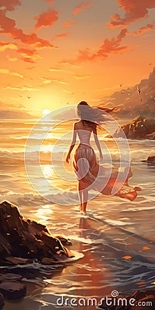 Romantic Coastal Sunrise: Girl In Dress Walking In Shallow Water Cartoon Illustration