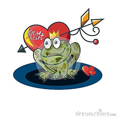 Romantic composition. Frog princess, heart and magic arrow Vector Illustration