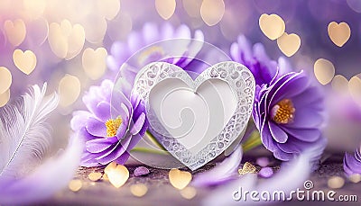 Romantic composition with white heart and purple flowers Stock Photo