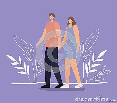 Romantic cople in a purple background Vector Illustration