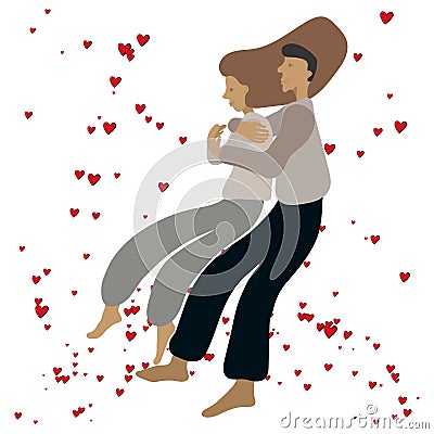 Cuddling couple with red hearts Cartoon Illustration