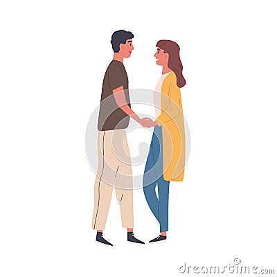 Romantic couple on a date. Enamored woman and man standing together and holding hands. Portrait of girlfriend and Vector Illustration