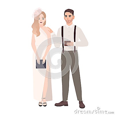 Romantic couple in fashionable evening outfits standing together isolated on white background. Stylish man and woman Vector Illustration