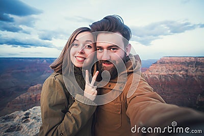 Romantic couple or friends show thumbs up and make selfie photo on travel hiking at Grand Canyon in Arizona Stock Photo