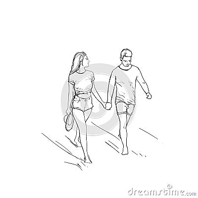 Romantic Couple Hold Hand Walking Man And Woman Sketch Vector Illustration