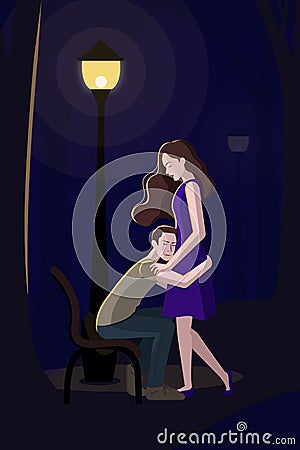 Romantic couple at the lantern in the Park Vector Illustration