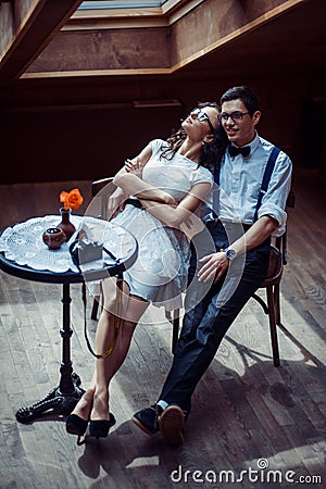 Romantic couple in love bonding in cafe Stock Photo