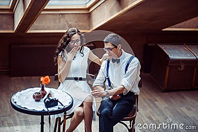 Romantic couple in love bonding in cafe Stock Photo